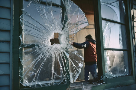 A thief breaks into a home. Domestic robbery. A hooded figure in black clothing wears a mask at a window.の素材