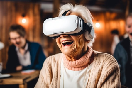 Happy senior woman with VR glasses. Virtual reality conceptの素材