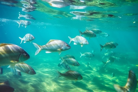 Colorful Sea Life Swims. Sea Bass fish underwater.の素材