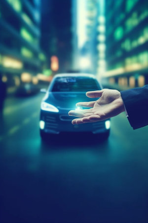 Urban Man Driving Through City Streets in Modern Car.の素材