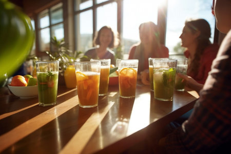 Cheerful group toasting with drinks, radiating happiness and enjoyment.の素材