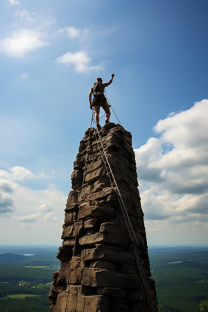 Summit Success: Standing on a Mountain Peak, Arms Raised in Achievement and Tranquilityの素材