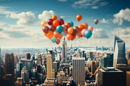 Colorful Balloons Soaring Across Urban Skylineの素材