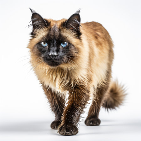 Furry Siamese cat with captivating whiskers sits on white surfaceの素材