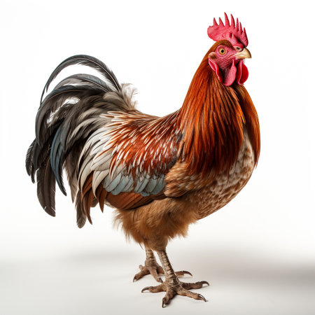 A proud rooster stands tall atop a bright white surfaceの素材
