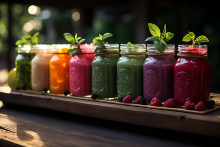 A delicious medley of colorful berries nestled in inviting glass jars of fresh smoothie beckon the viewer to indulge in the bountiful nutrition of this delectable superfood feastの素材
