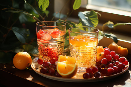 A brilliant display of summer-sweet citrus fruits, arranged on a crisp white table and gleaming glass drinkware, invitingly invites guests to savor the delicious juices of lemon, lime, orange, grapefruit, and citronの素材