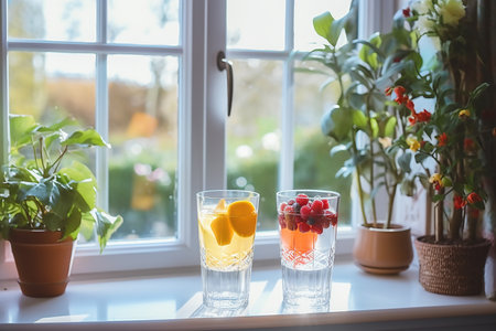 A vibrant display of glistening glassware filled with colourful fruit and a flourishing houseplant bathes the indoor table in a sun-kissed warmth, creating a captivating centrepiece for the roomの素材
