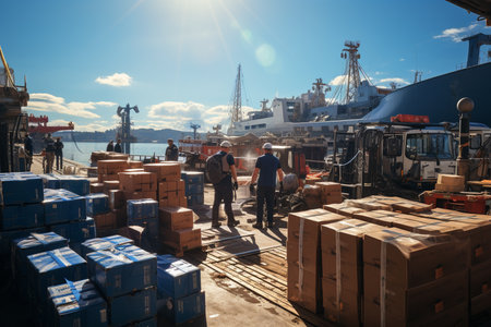 A large ship with containers in a port. A ship carries cargo.の素材