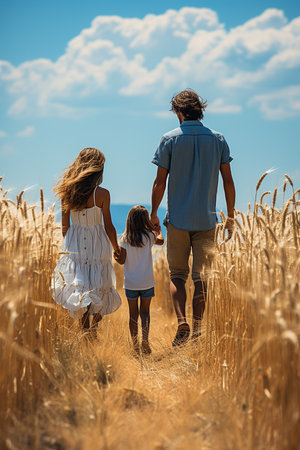A vibrant summer day on the beach brings a family of all ages together, standing in awe of the majestic beauty of nature, clothed in their favorite outdoor apparel and footwearの素材