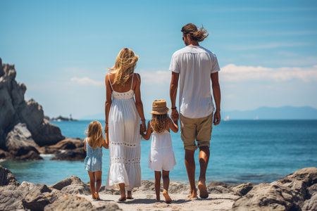 A vibrant summer day on the beach brings a family of all ages together, standing in awe of the majestic beauty of nature, clothed in their favorite outdoor apparel and footwearの素材