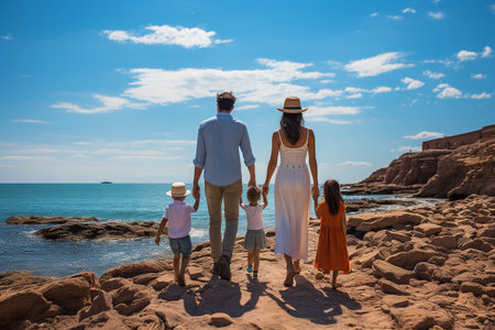 A vibrant summer day on the beach brings a family of all ages together, standing in awe of the majestic beauty of nature, clothed in their favorite outdoor apparel and footwearの素材