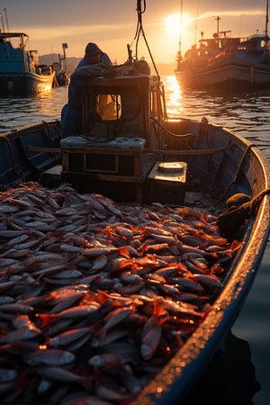 Fisherman in a fishing boat. Industrial fishing.の素材