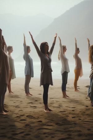 A group of people standing on beach sand with their hands up. Meditationの素材