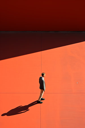 Minimalist men on colorful background. Sunlight. Copy space.の素材