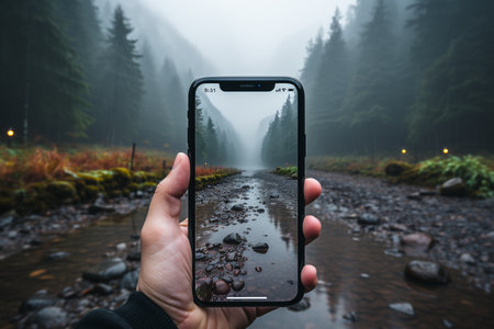 Hand holding a smart phone, display image of a river in the forest. Nature concept.の素材