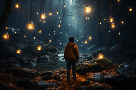 Boy in forest, many hooked lights.の素材