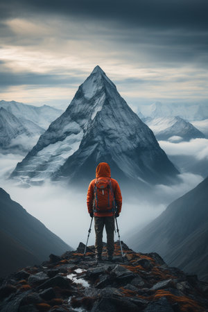 A person standing on a rock looking at a mountain.  Climbing peaks.の素材