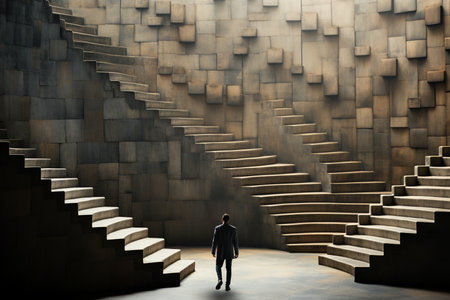 Male businessman in back standing in front of tall stairs.の素材