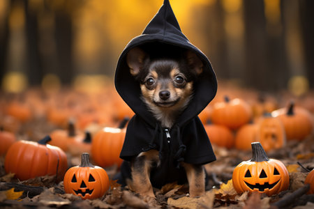 Photo of a stylish small dog wearing a black coat and a hat, surrounded by pumpkinsの素材