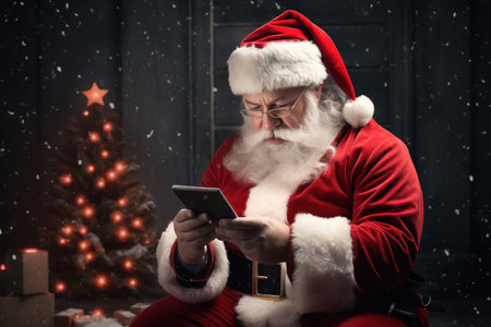 Photo of Santa Claus using a tablet device in a festive settingの素材