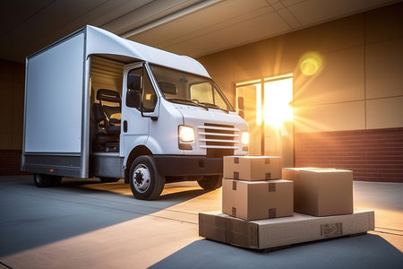 Photo of a delivery truck with boxes in front of itの素材