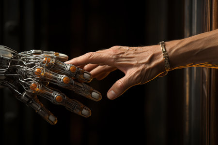 Photo of a human hand holding a robotic hand, symbolizing the connection between humans and technologyの素材