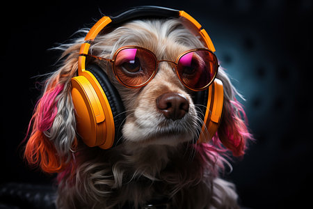 A small dog wearing headphones sitting in front of a mixerの素材