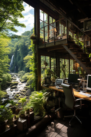 Home office, modern workspace with a computer desk and natural light from a window. Nature lanscapeの素材
