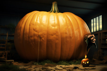 Photo of a large illuminated pumpkin with a glowing candle in front of itの素材