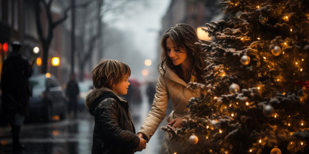 A woman kneeling down next to a little boy near a christmas treeの素材
