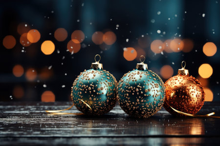 A wooden table topped with gold and silver Christmas ornaments.の素材