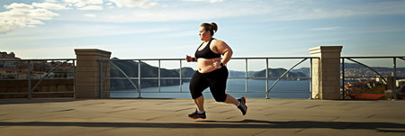 Fat plus-size woman doing sports on a bridge with a scenic view.の素材