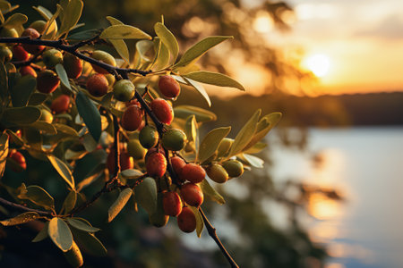 A branch of olive tree with fruit hanging from it. Sunset.の素材