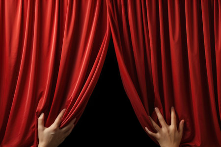 A hand reaching out from behind a red curtain in theatre.の素材