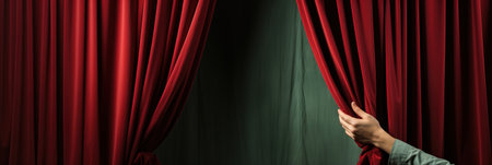 A hand reaching out from behind a red curtain in theatre.の素材