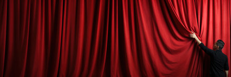 A hand reaching out from behind a red curtain in theatre.の素材