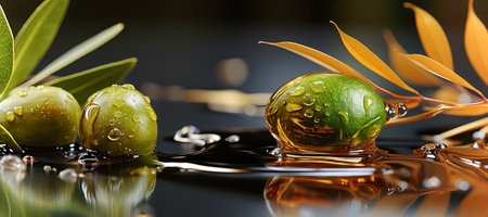 A bunch of green olives on branch in olive oil drops.の素材
