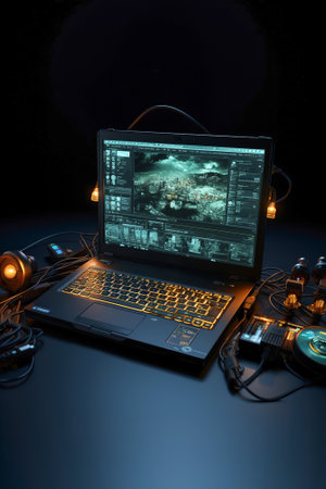 Laptop computer sitting on top of a table. Many devices connected to computer.の素材