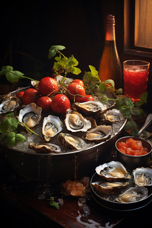 A plate of oysters with a glass of wine.の素材