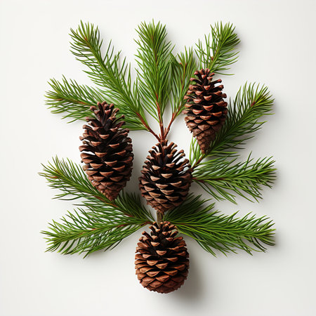 Variety of pine cones and fir cones on a clean white backgroundの素材