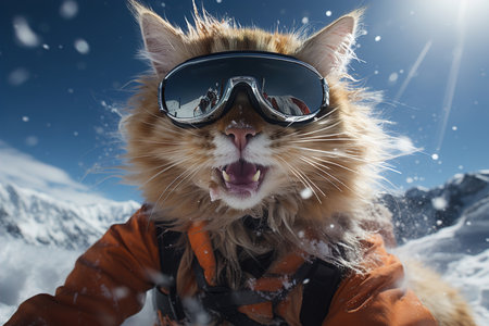 A cat is snowboarding in a snowy mountainの素材