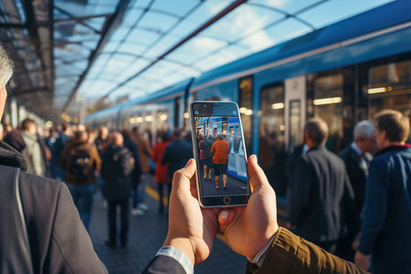 A man taking a picture of many passengers and train with his phone.の素材