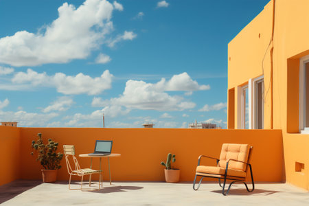 Two chairs and a table on a orange balcony. Minimalismの素材