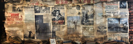 Wall covered in colorful newspapers. Old newspaper background.の素材