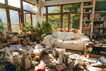 Messy living room filled with clutter.の素材