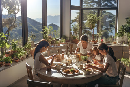 Family sitting around a table eating food in the morningの素材