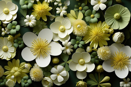 A bunch of white, yellow and green flowers. Green floral background.の素材