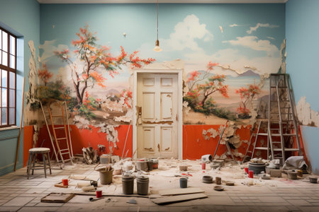 Messy living room under renovation, repainting and painting the walls.の素材