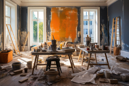 Messy living room under renovation, repainting and painting the walls.の素材